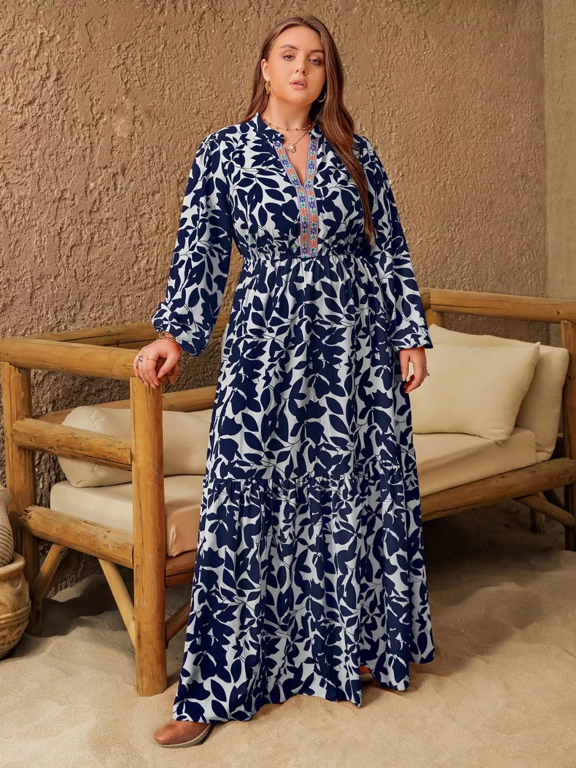Notched Floral Long Sleeve Maxi Dress in Indigo