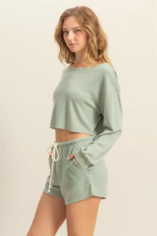 Hyfve Boat Neck Long Sleeve Cropped Top in Sage Green