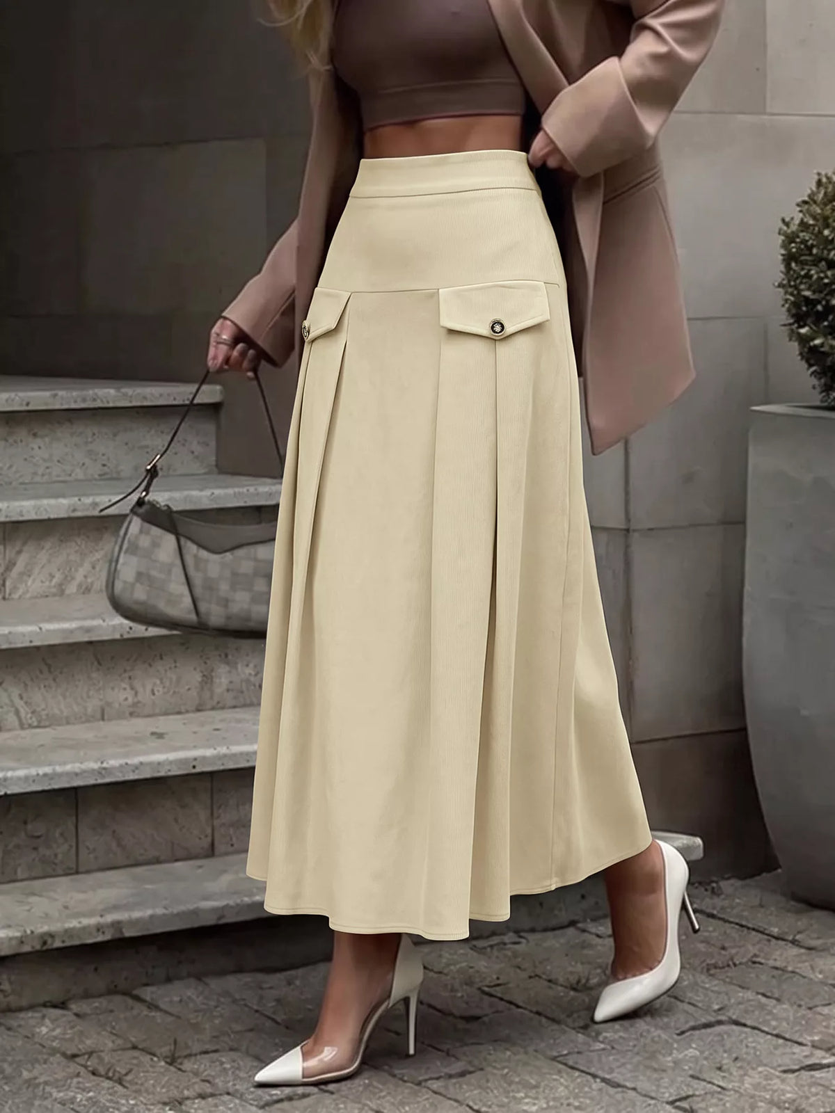 High Waist Pleated Midi Skirt in Khaki