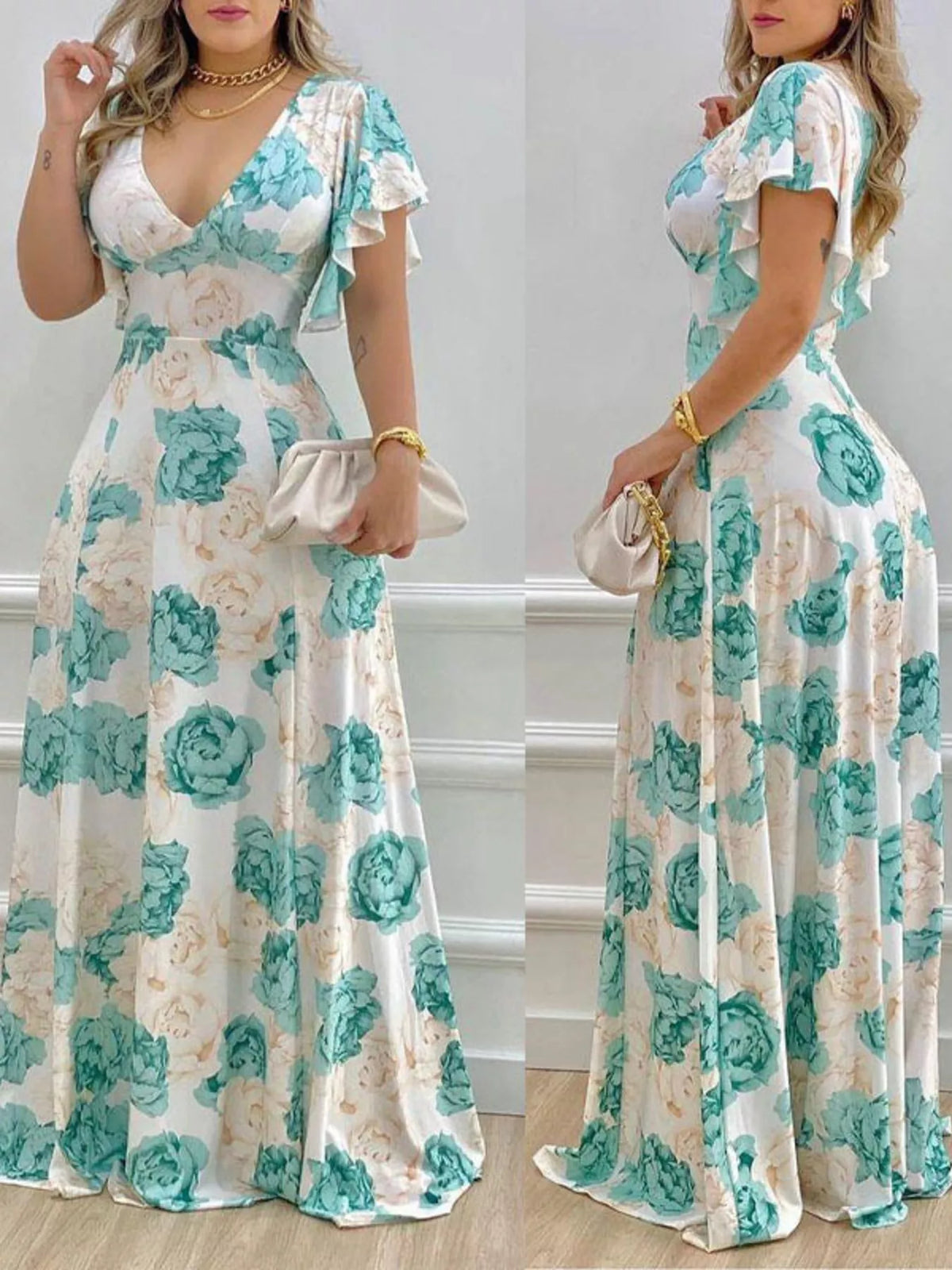 Floral V-Neck Ruffle Sleeve Maxi Dress