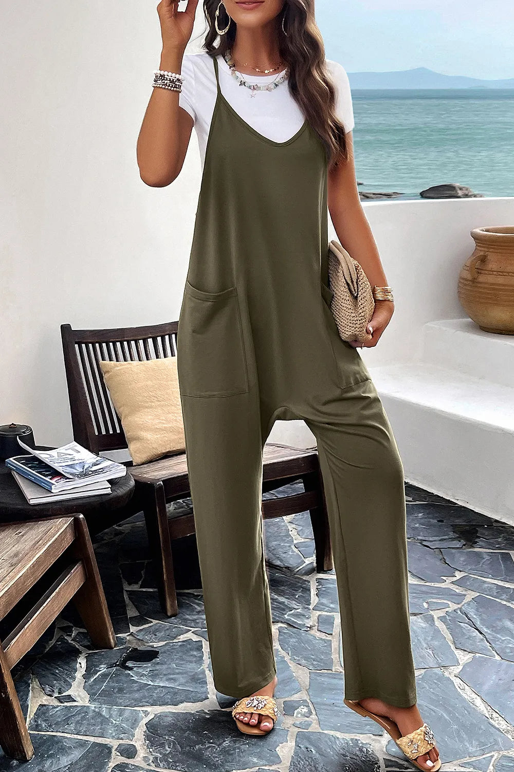 Pocketed Spaghetti Strap Overalls by DY