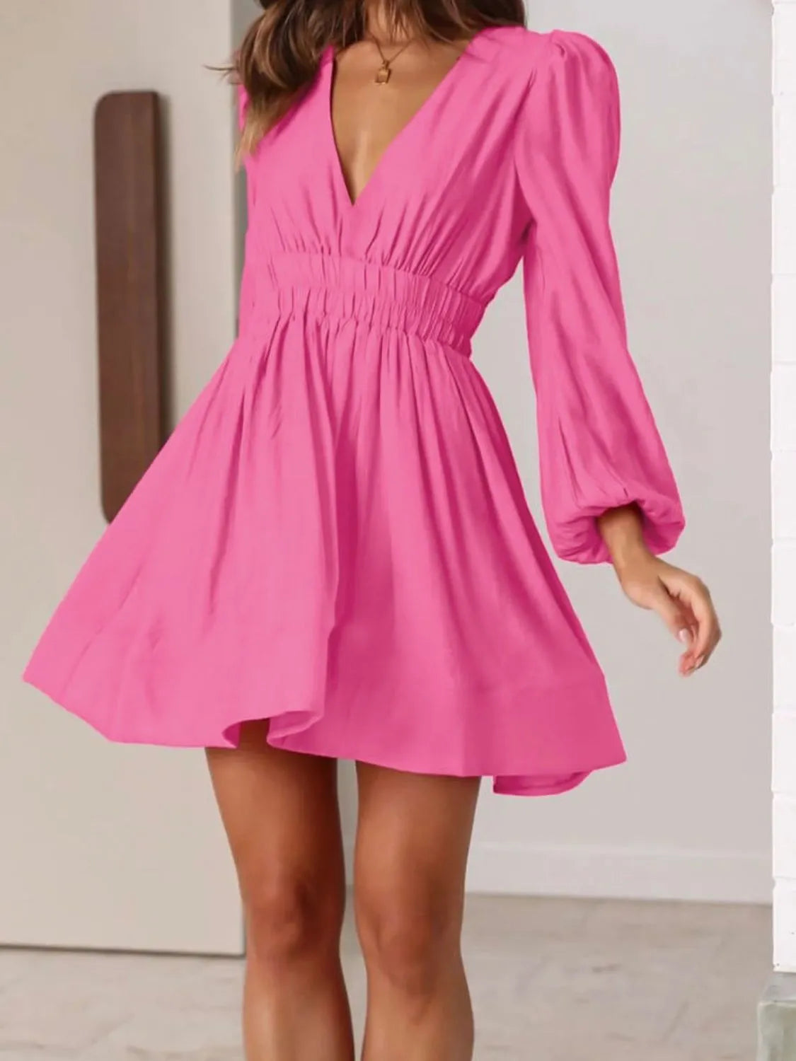 Ruched V-Neck Balloon-Sleeve Mini Dress