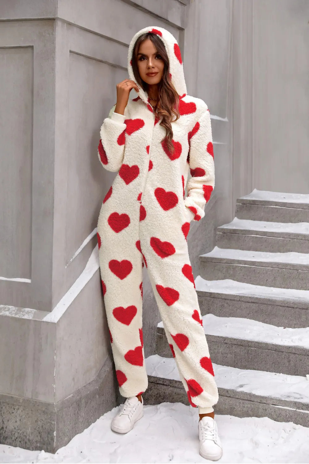 Fuzzy Heart Zip-Up Hooded Lounge Jumpsuit