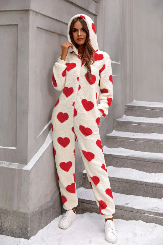 Fuzzy Heart Zip-Up Hooded Lounge Jumpsuit