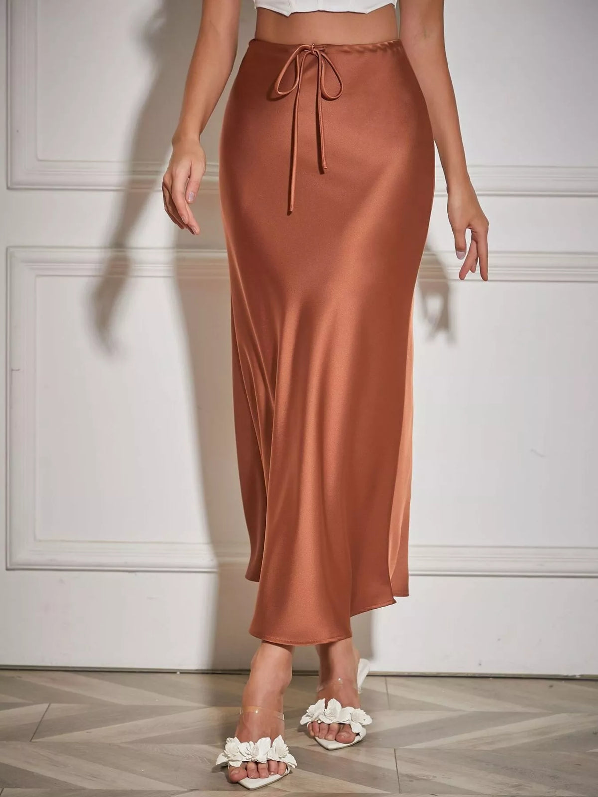 Satin Midi Skirt in Brown