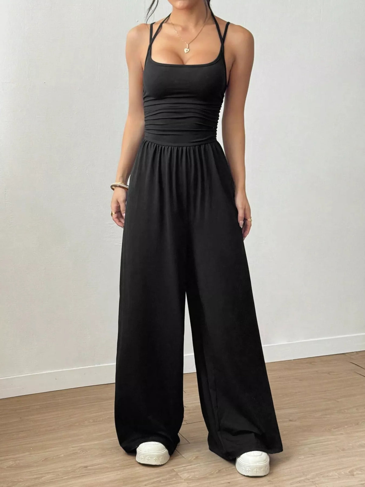 Ruched Spaghetti Strap Wide Leg Jumpsuit