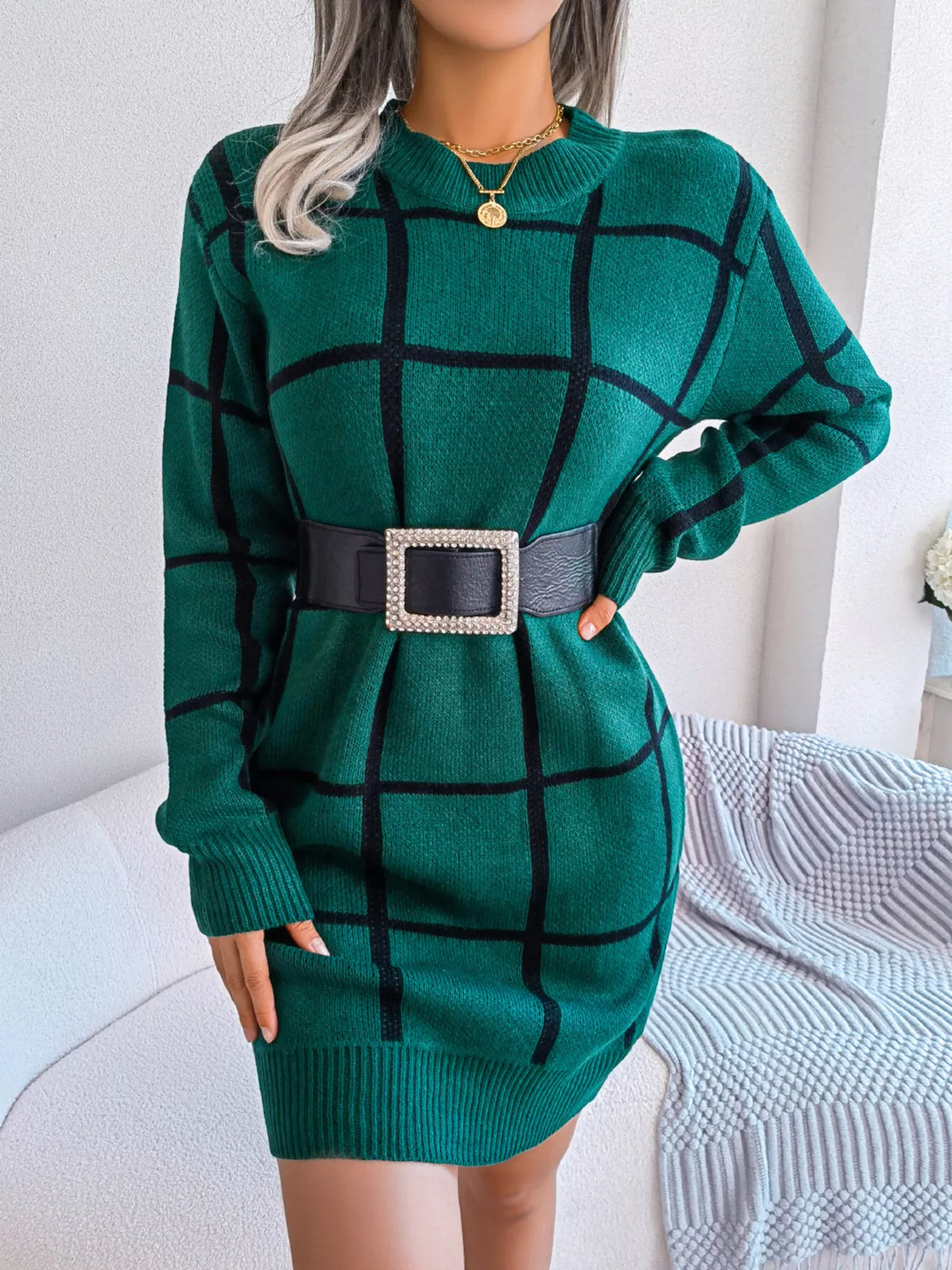 Plaid Long Sleeve Sweater Dress by Clise