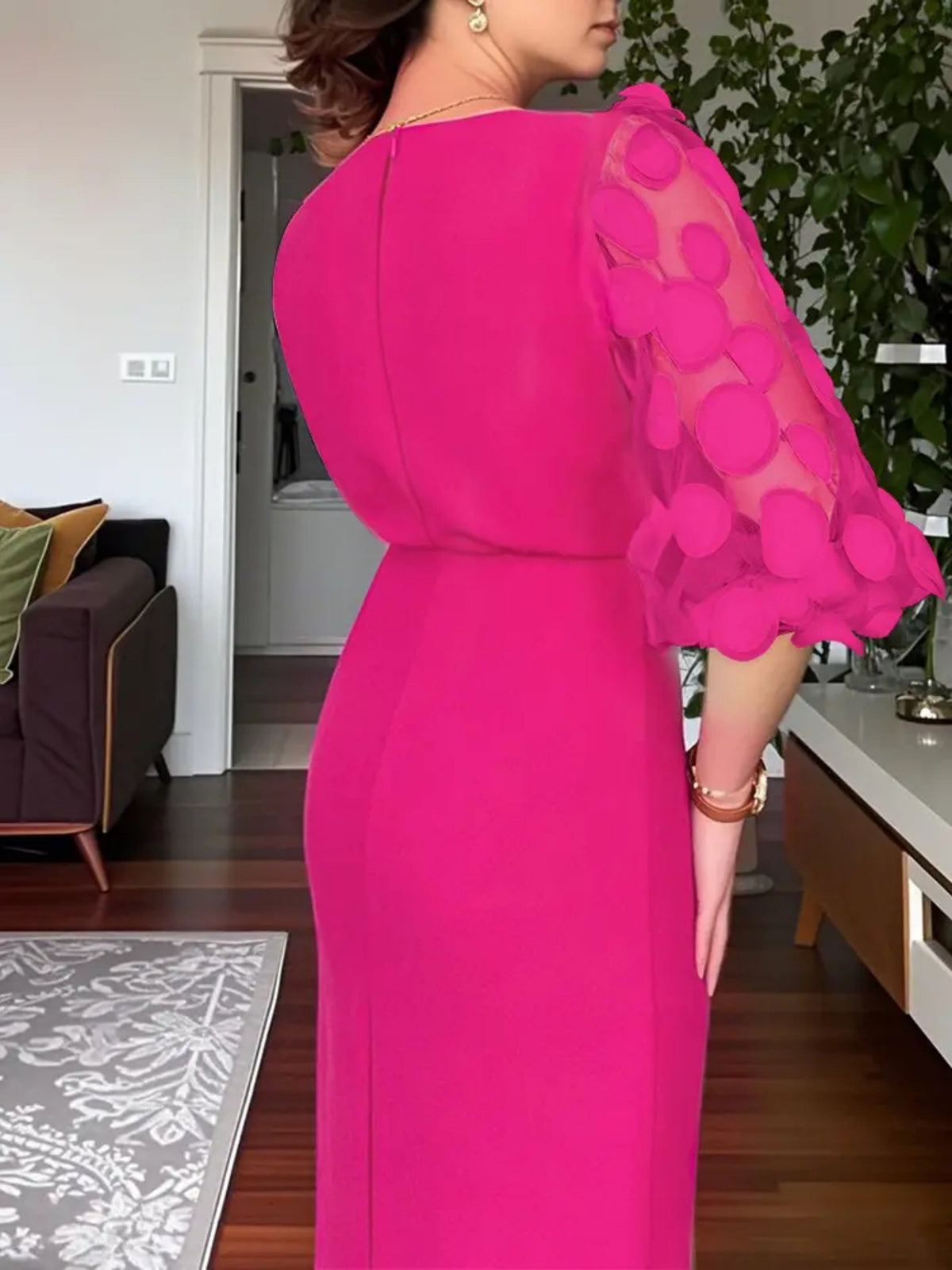Sheer-Sleeve Slit Midi Dress