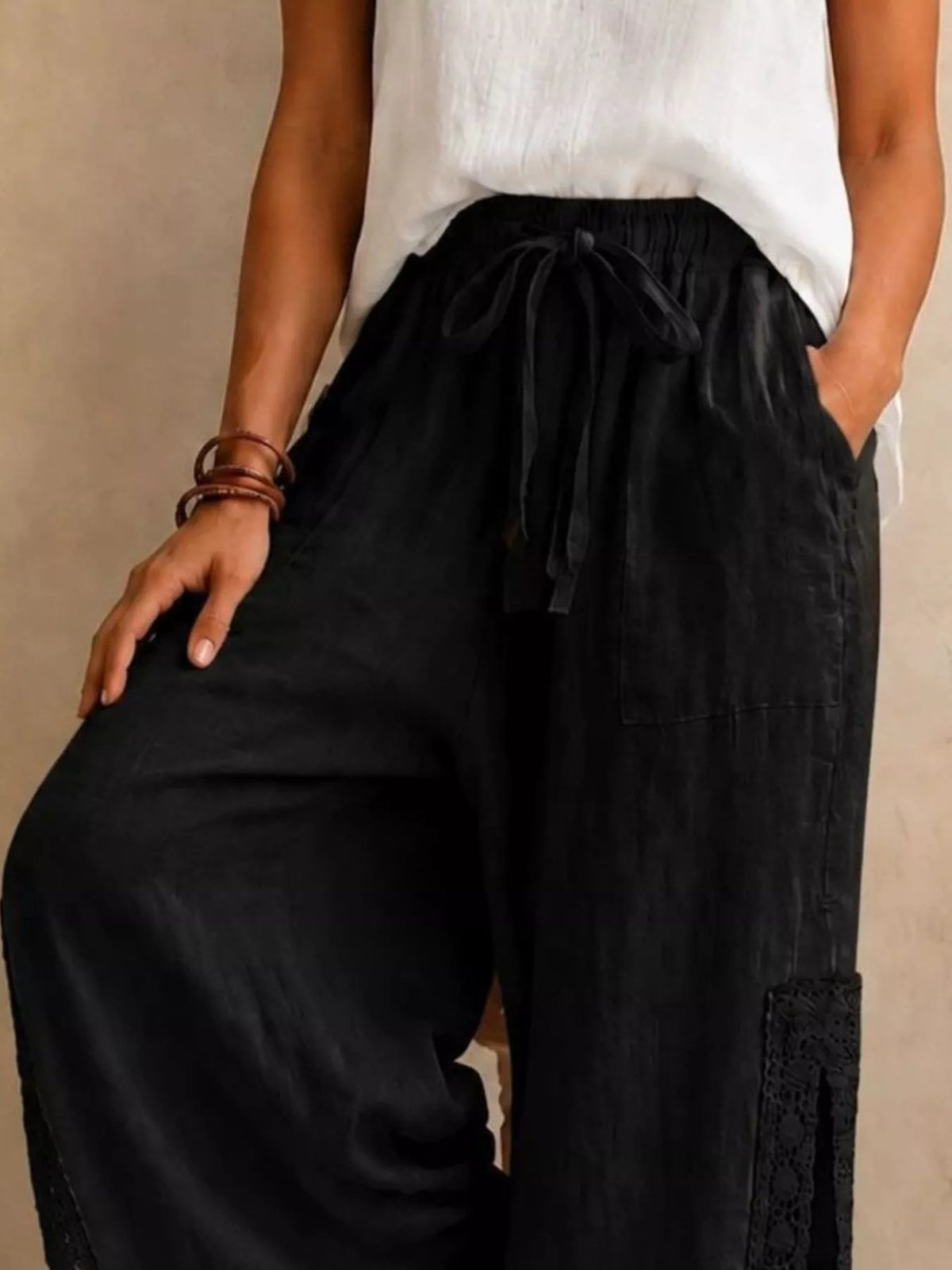 Lace-Detail Slit Wide Leg Pants