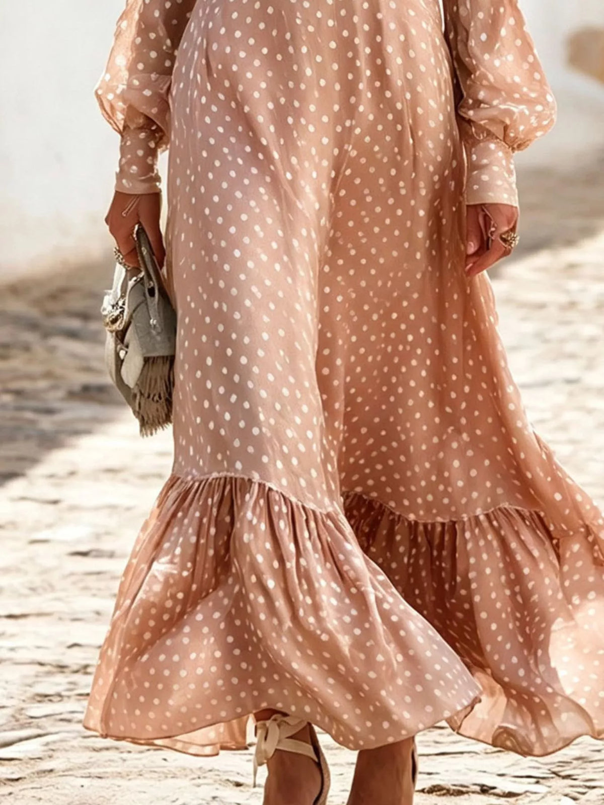 Polka Dot Ruffle V-Neck Maxi Dress
