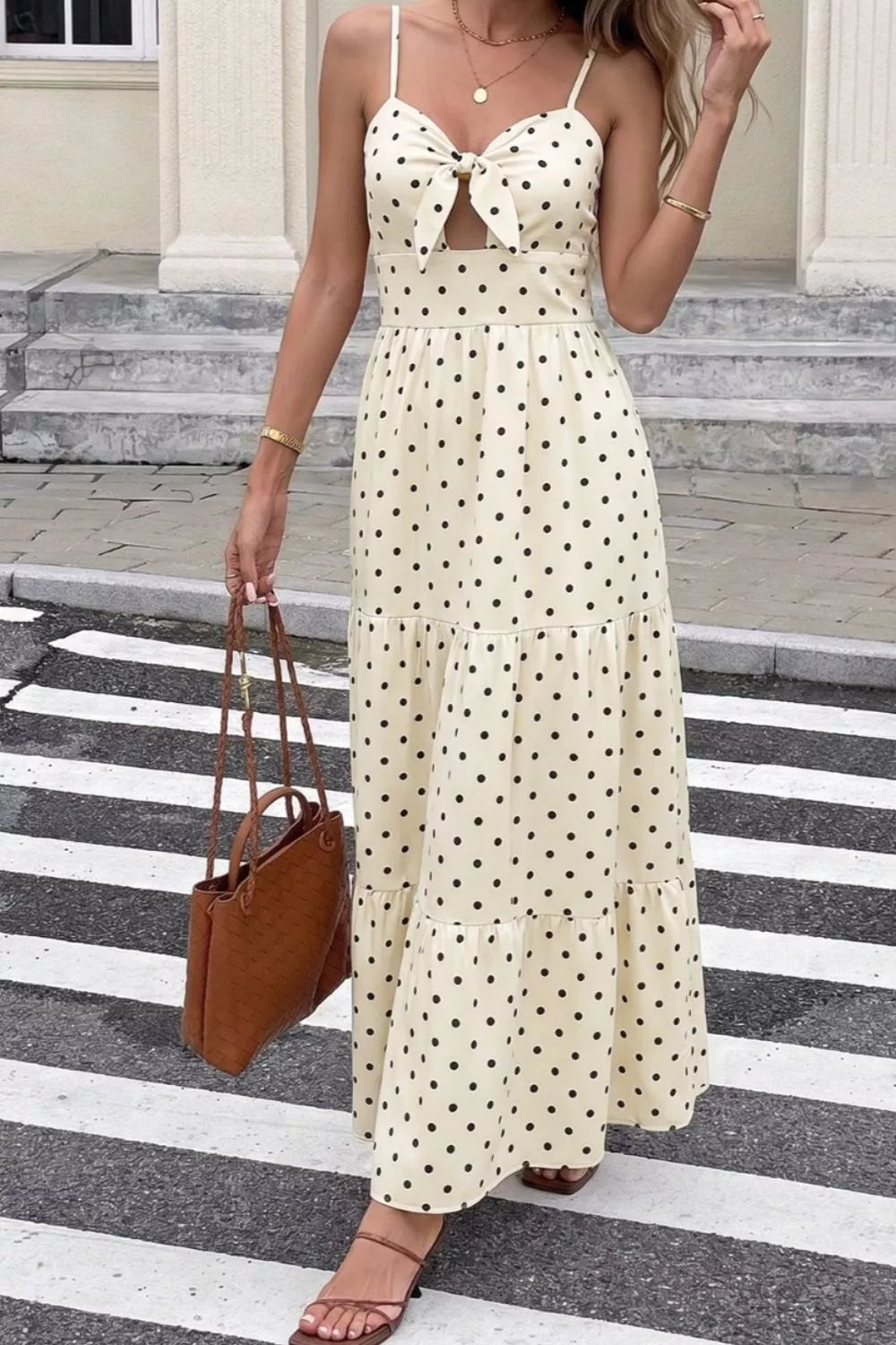 Polka Dot Tie-Front Cutout Maxi Dress in Cream
