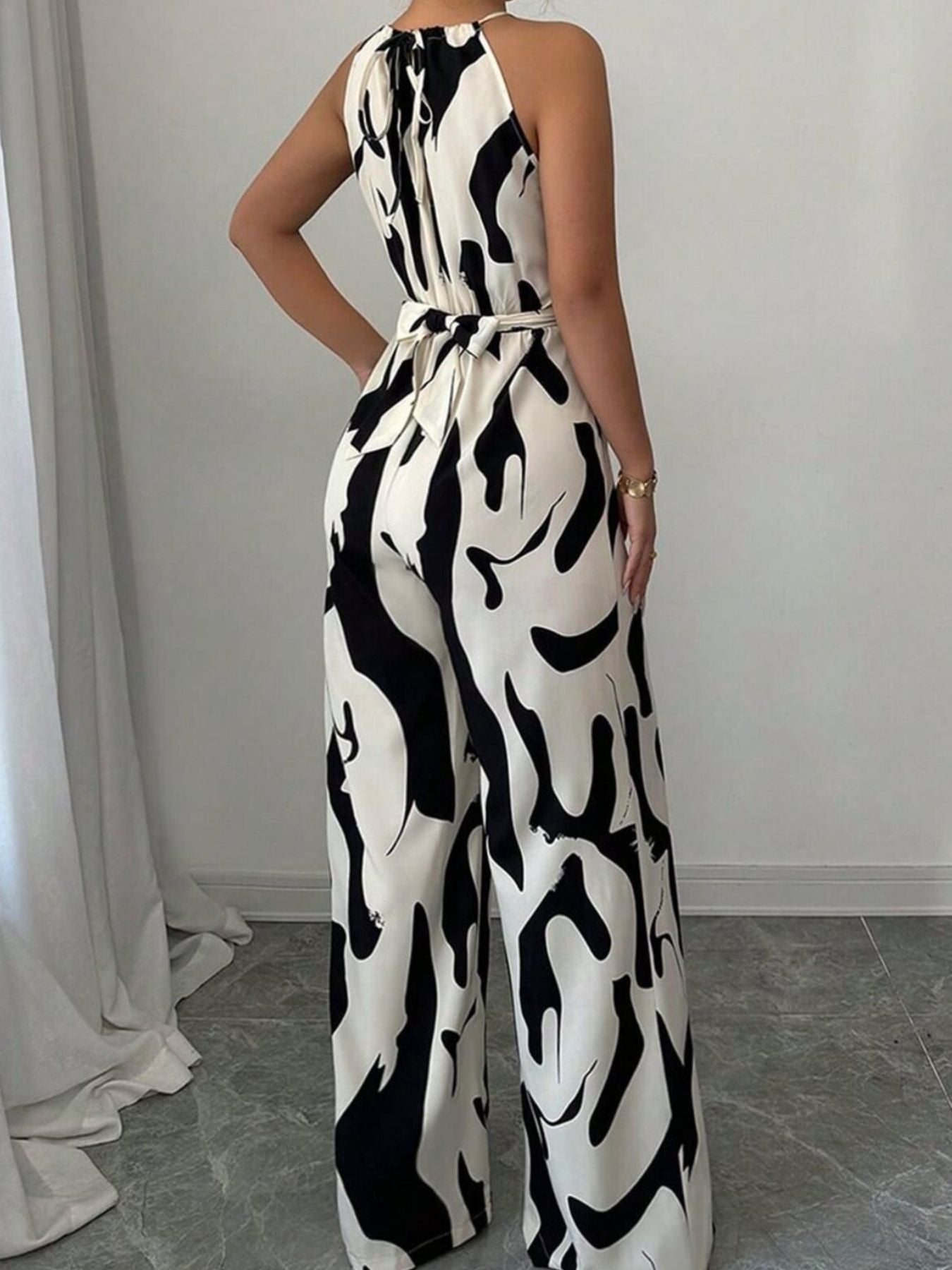 Abstract Print Wide-Leg Jumpsuit in Black