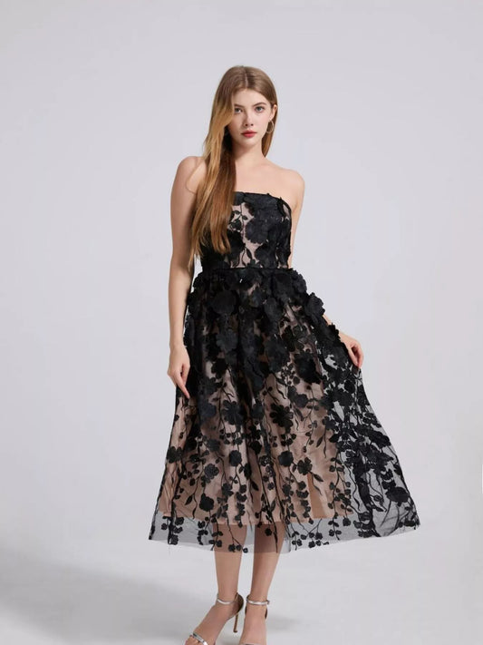 Floral Applique Strapless Midi Dress, Lined
