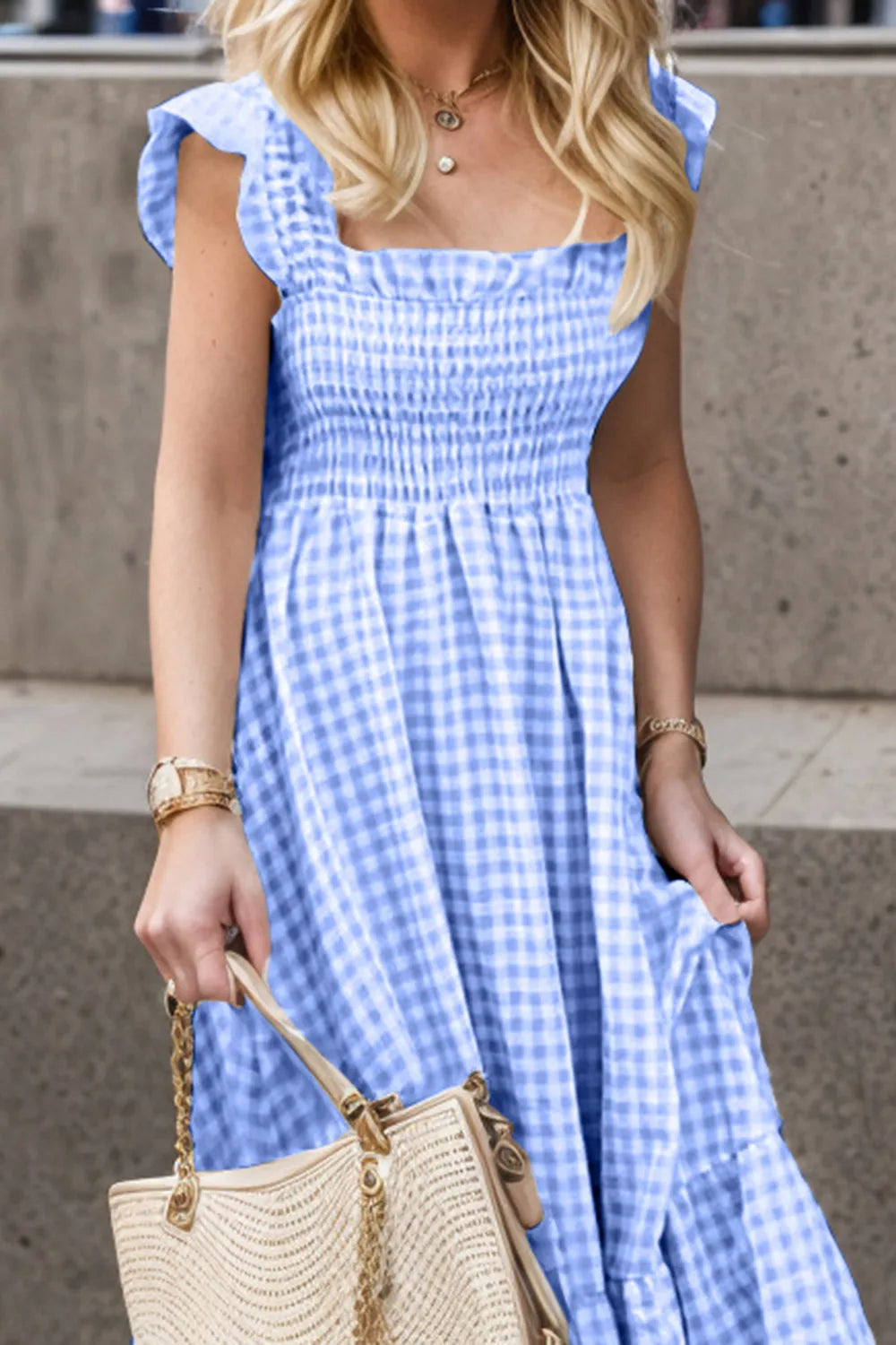 Smocked Plaid Ruffle Hem Dress