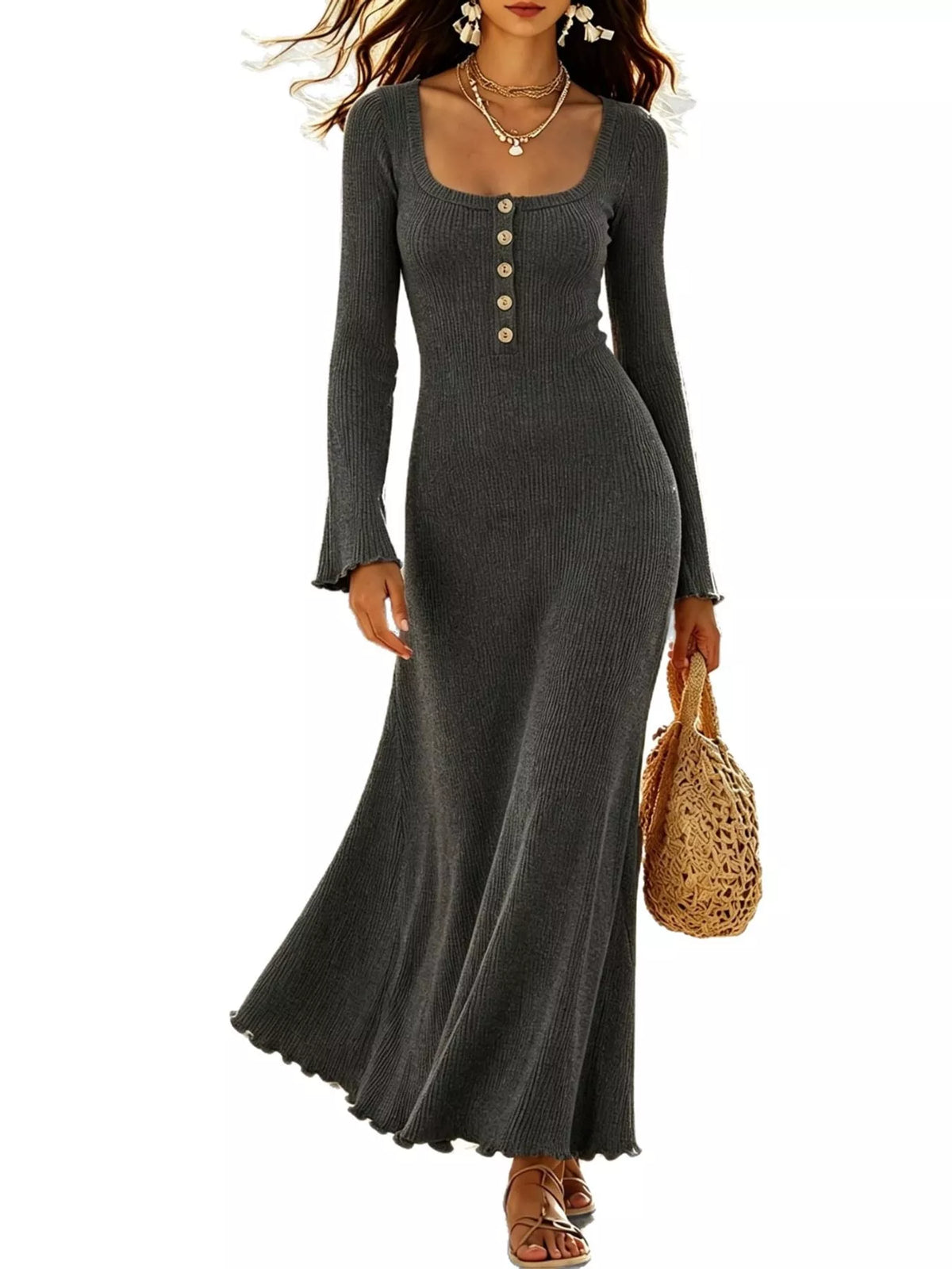 Button-Front Ribbed Knit Maxi Dress