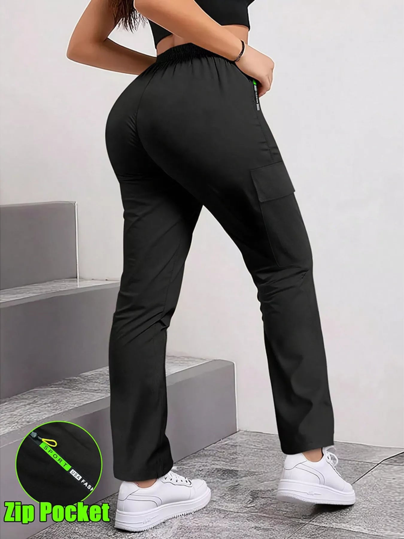 Drawstring Cargo Pants with Zip Pocket