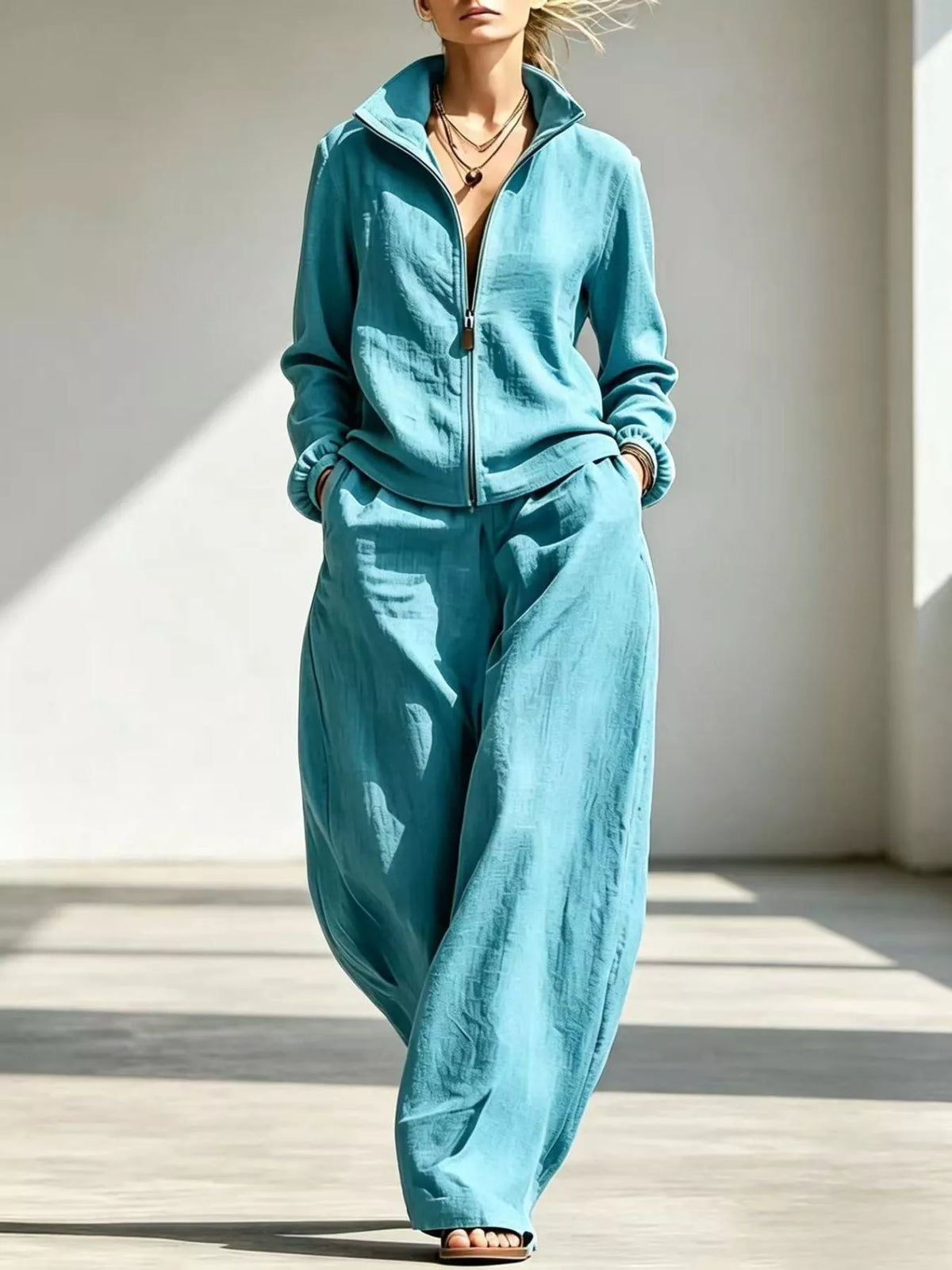 Zip-Up Jacket and Wide-Leg Pants Set in Peacock Blue