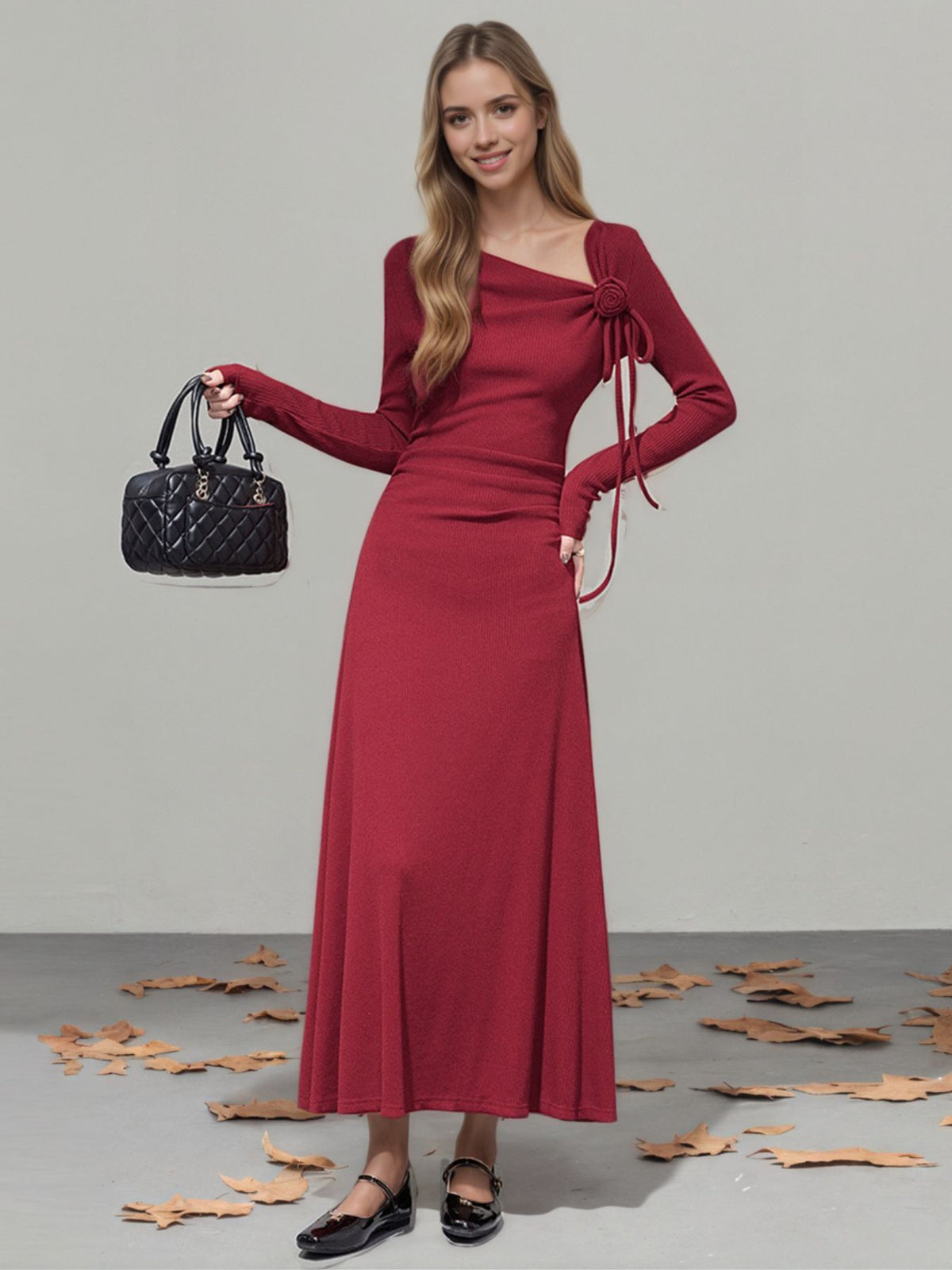 Tied Asymmetrical-Neckline Long Sleeve Dress in Red
