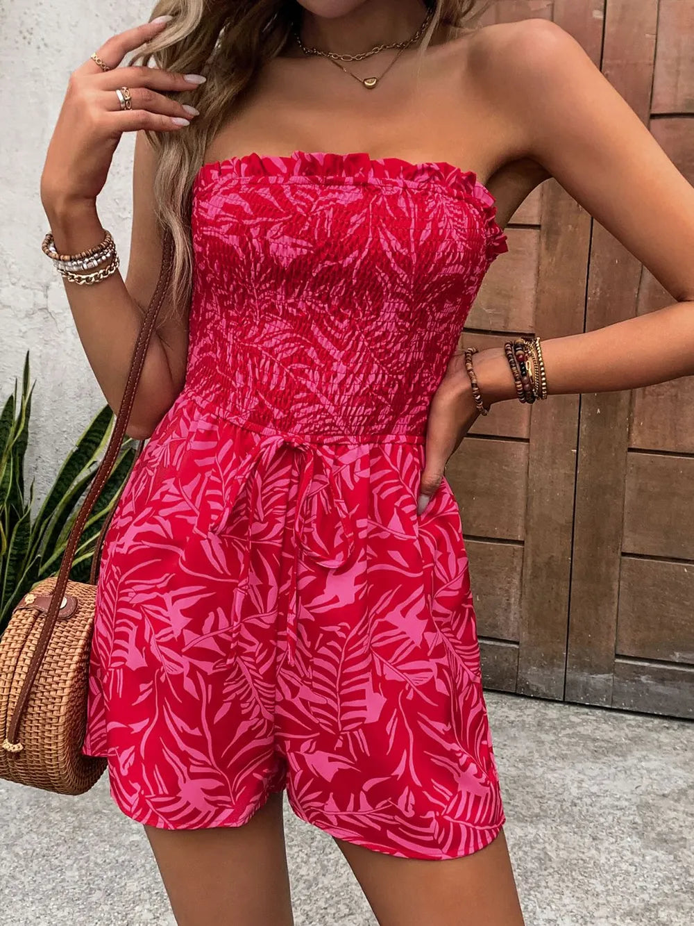 Smocked Tube Romper with Pockets in Strawberry