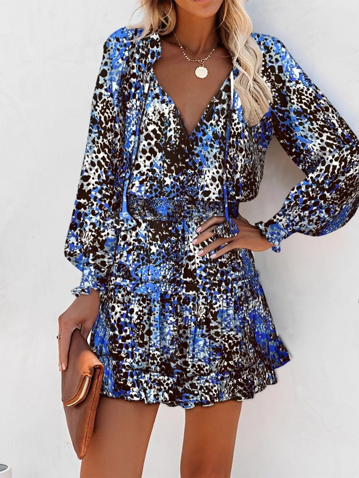 Tie-Neck Lantern Sleeve Dress with Tiered Ruffles