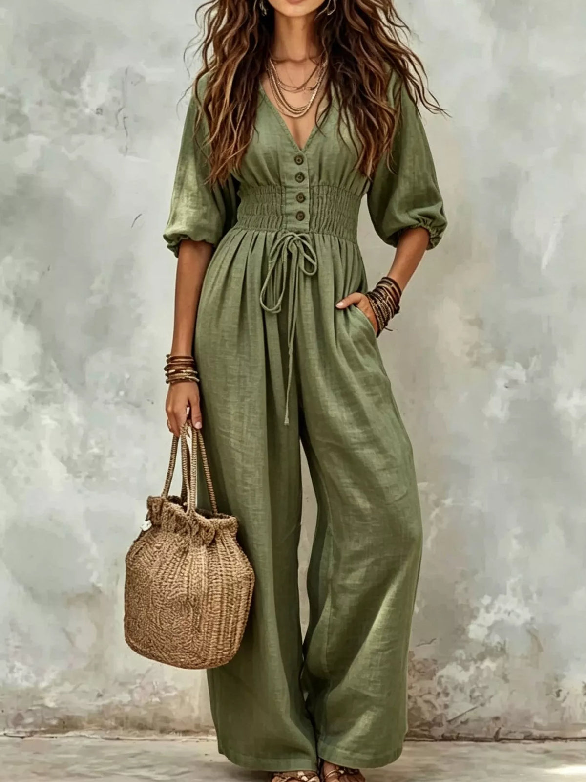 Smocked Waist Wide-Leg Jumpsuit