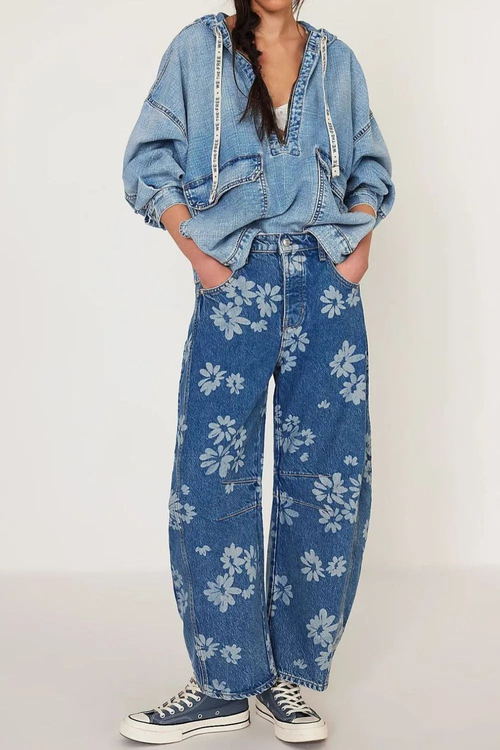 Flower Print Wide Leg Jeans in Medium
