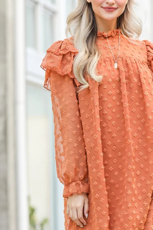 And The Why Ruffle Shoulder Swiss Dot Dress in Camel