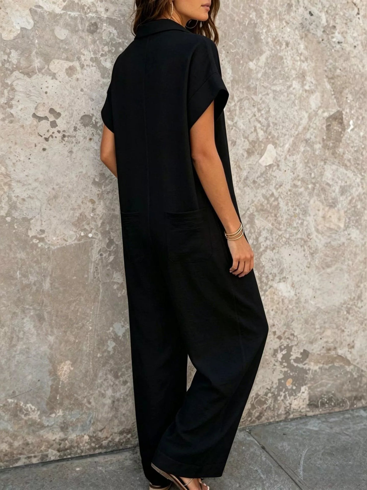 Classic Button-Front Short Sleeve Jumpsuit