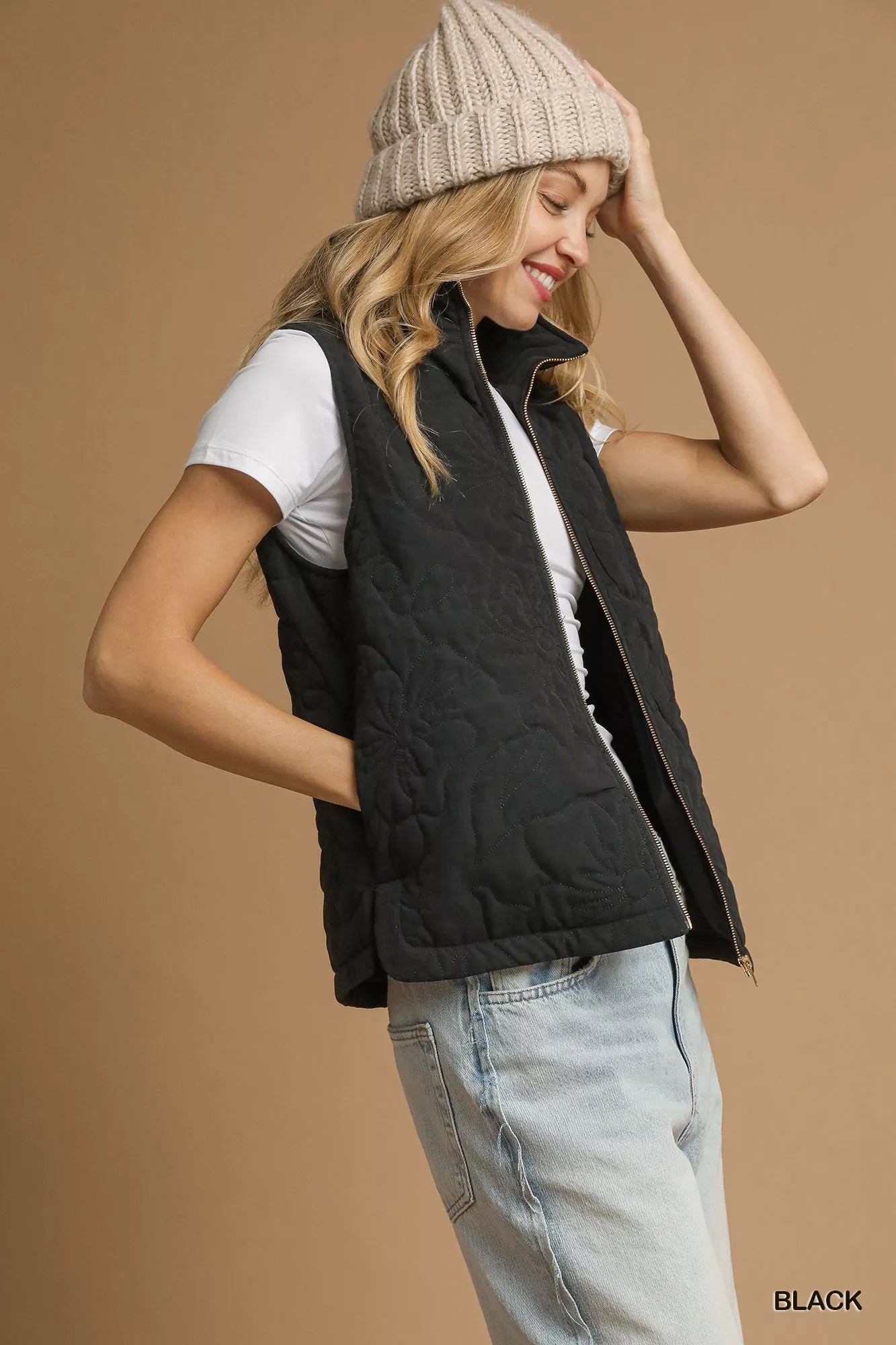 Umgee Quilted Floral Zip Vest in Black