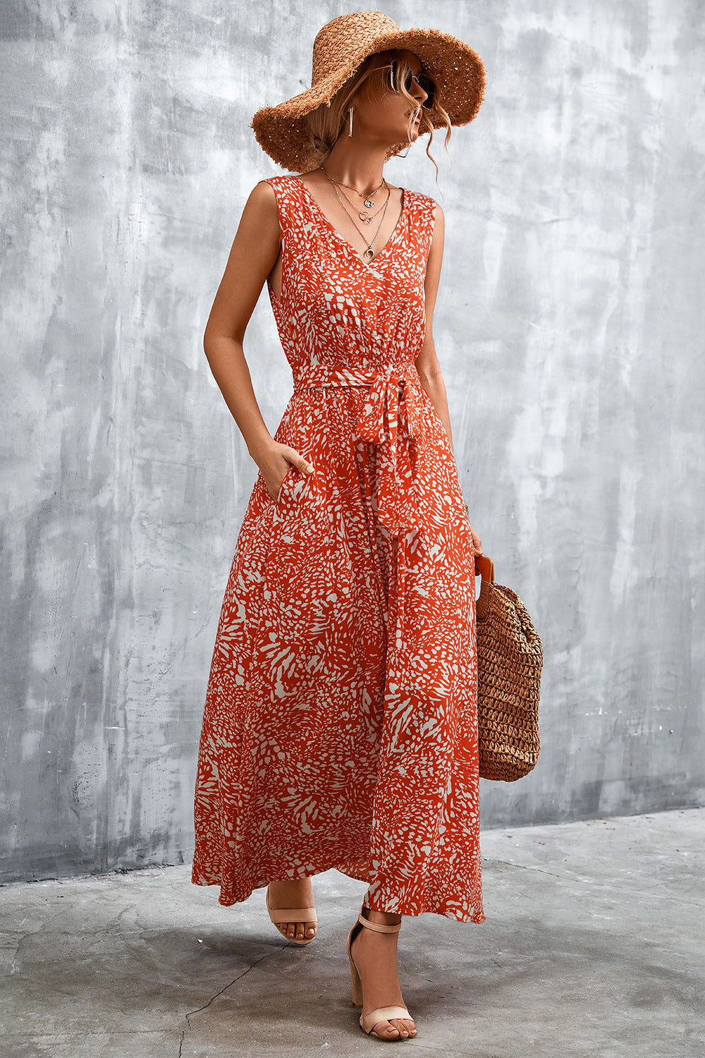 Printed Tie-Waist Maxi Dress with Pockets