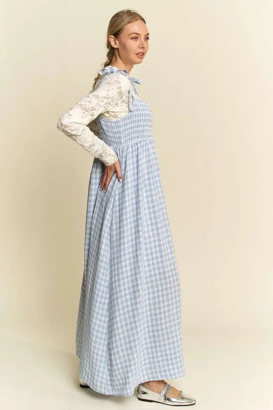 Plaid Smocked Maxi Dress in Blue