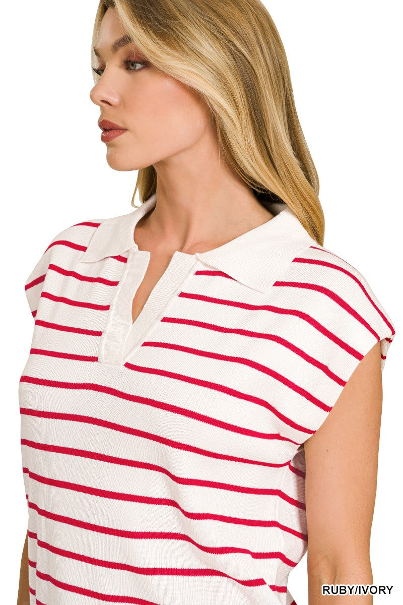 Zenana Striped Collared Sweater Vest in Ruby & Ivory in Ruby/ivory