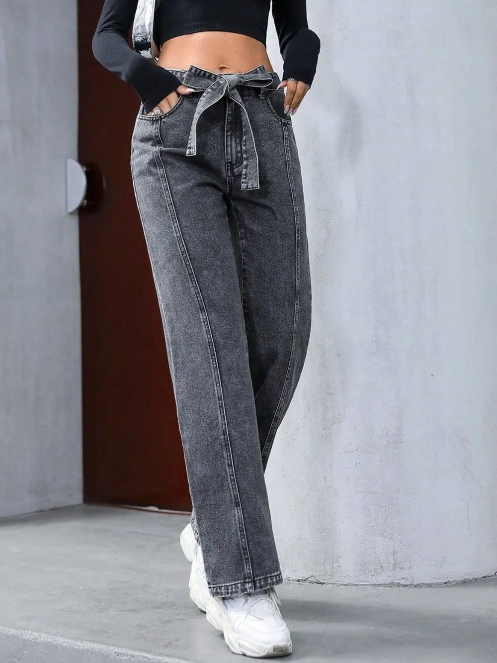 Tied Straight Leg Jeans with Pockets in Dark Gray