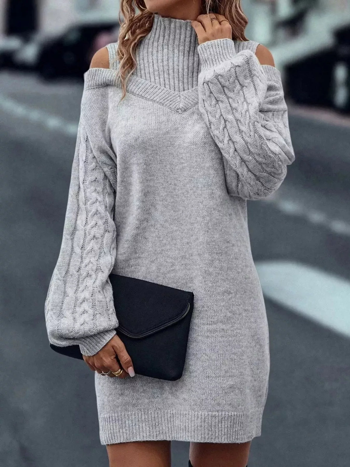 Cable-Knit Cold-Shoulder Mock-Neck Sweater Dress