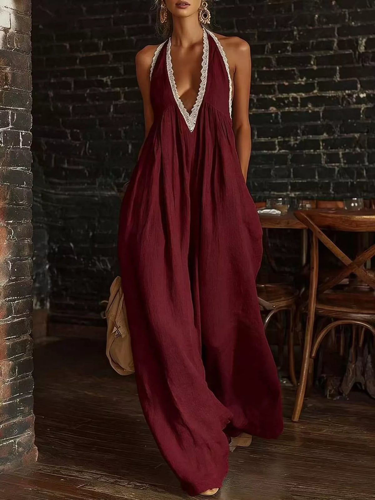 Halter Neck Lace-Trim Wide-Leg Jumpsuit
