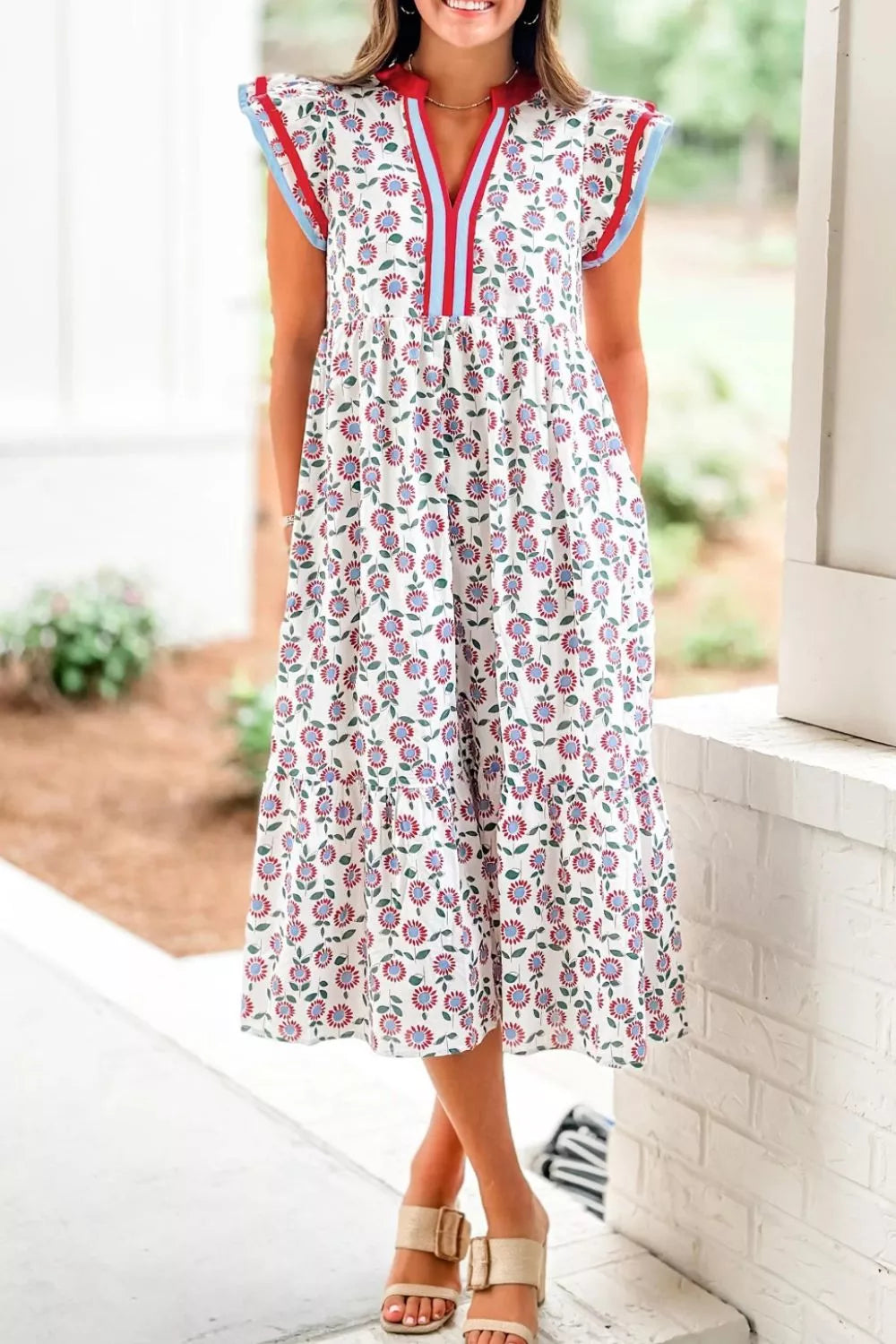 Ruffle Sleeve Tiered Midi Dress in Strawberry