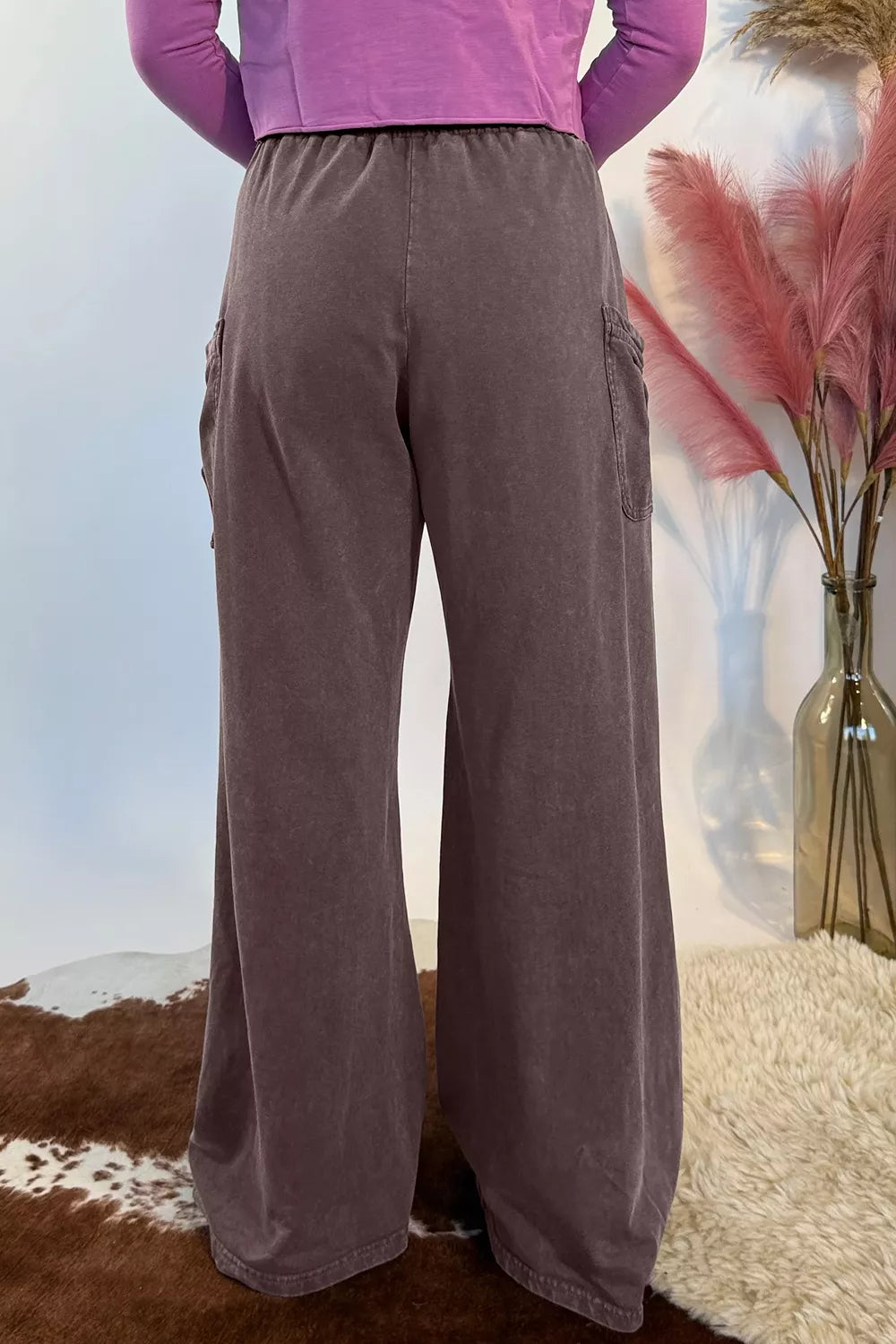 Mineral-Wash Tie-Detail Cargo Pants in Dark Brown