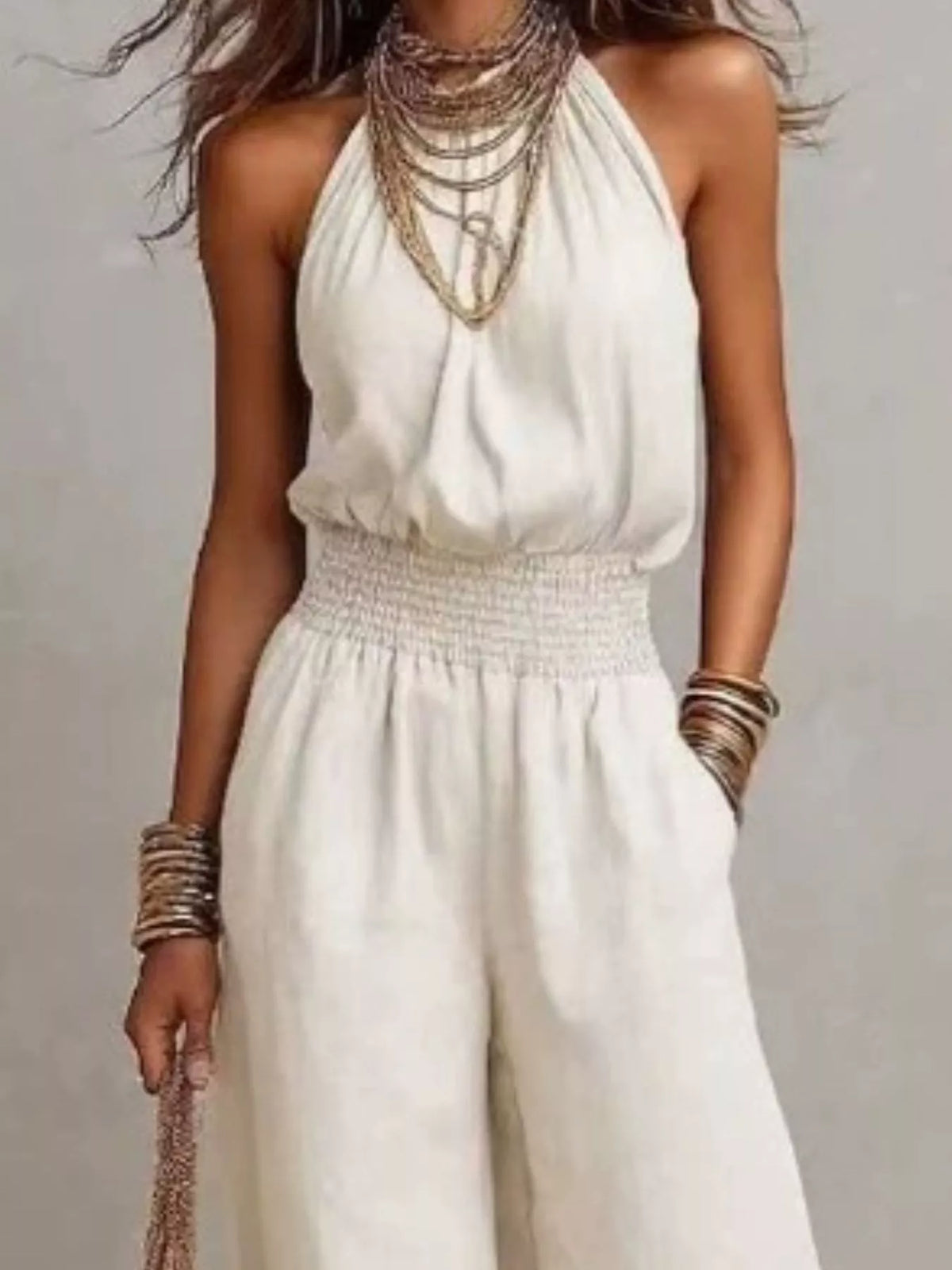 Halter Neck Smocked Wide-Leg Jumpsuit