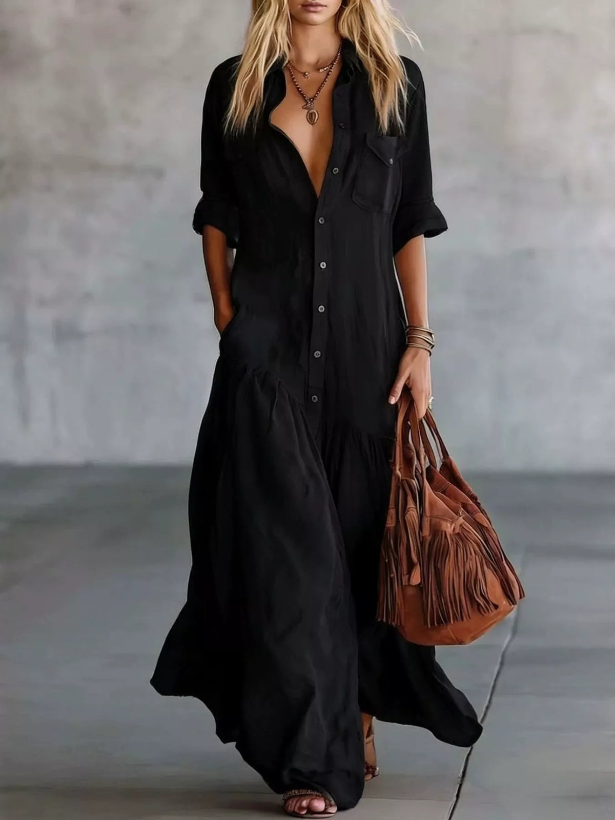 Button Front Roll-Up Sleeve Maxi Dress