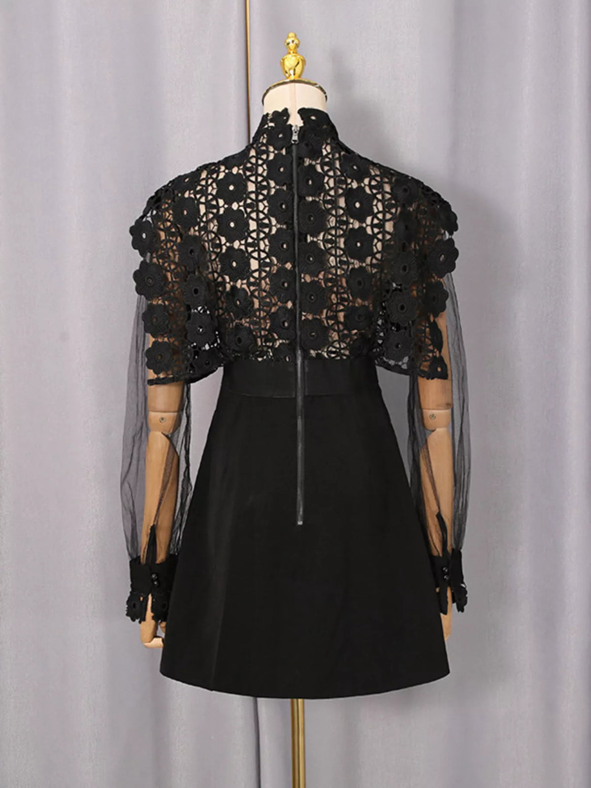 Lace Sheer Sleeve Mini Dress in Black