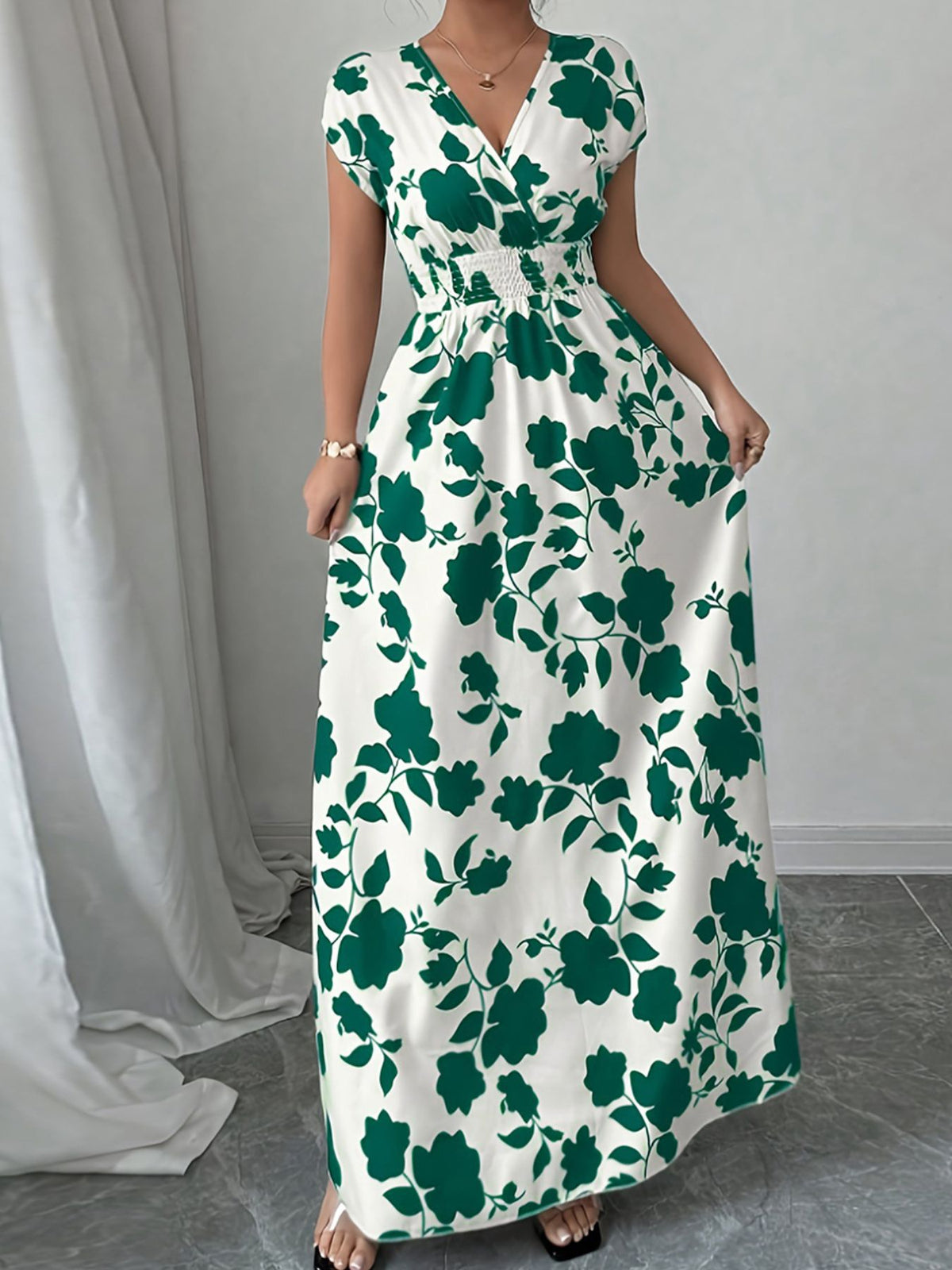 Printed Surplice Cap-Sleeve Maxi Dress
