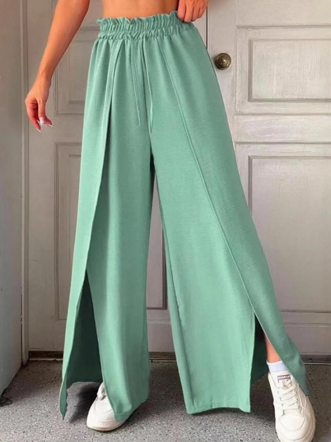 Frilled Slit Wide-Leg Pants