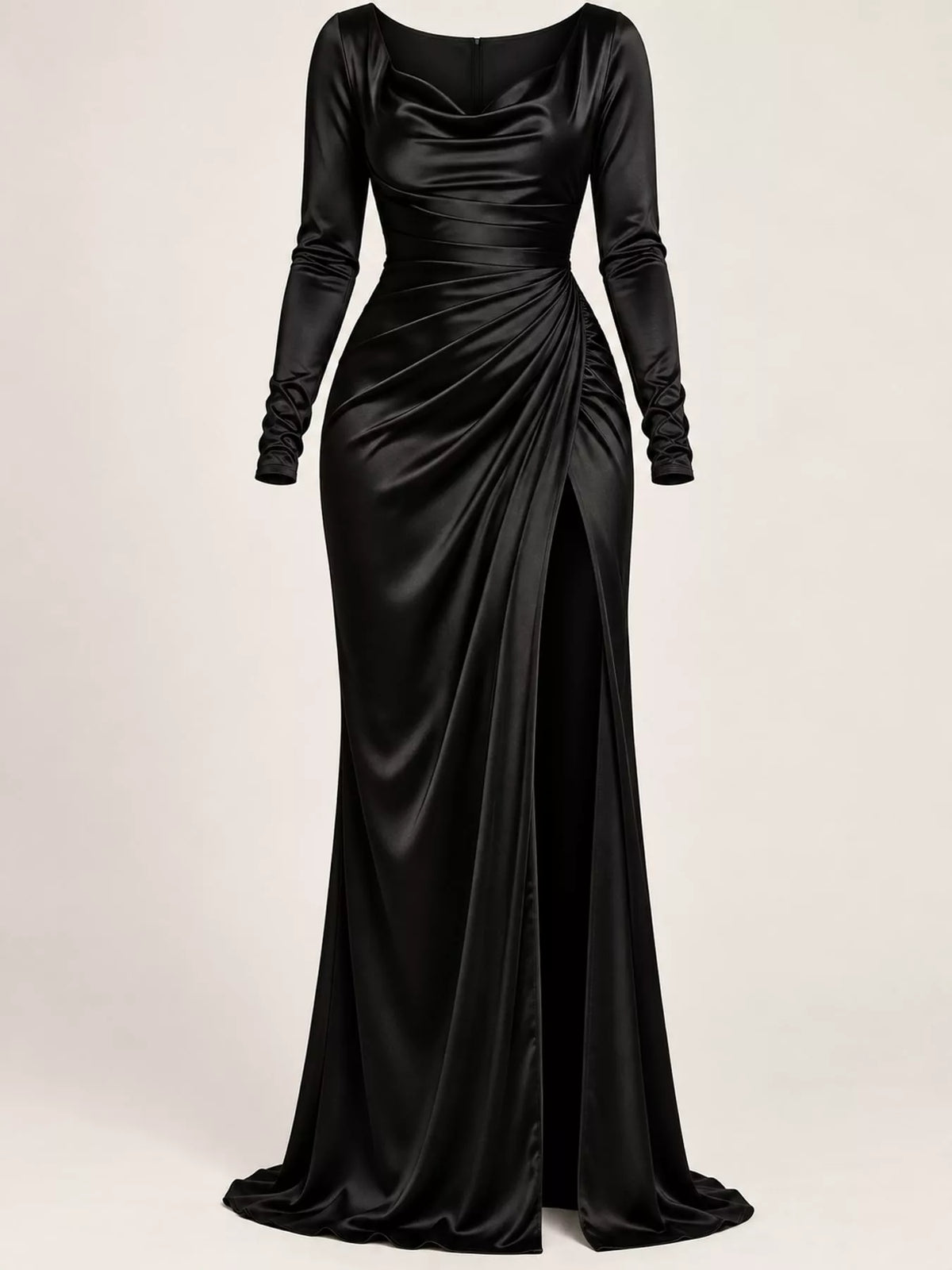 Satin Cowl Neck High-Slit Evening Maxi Dress