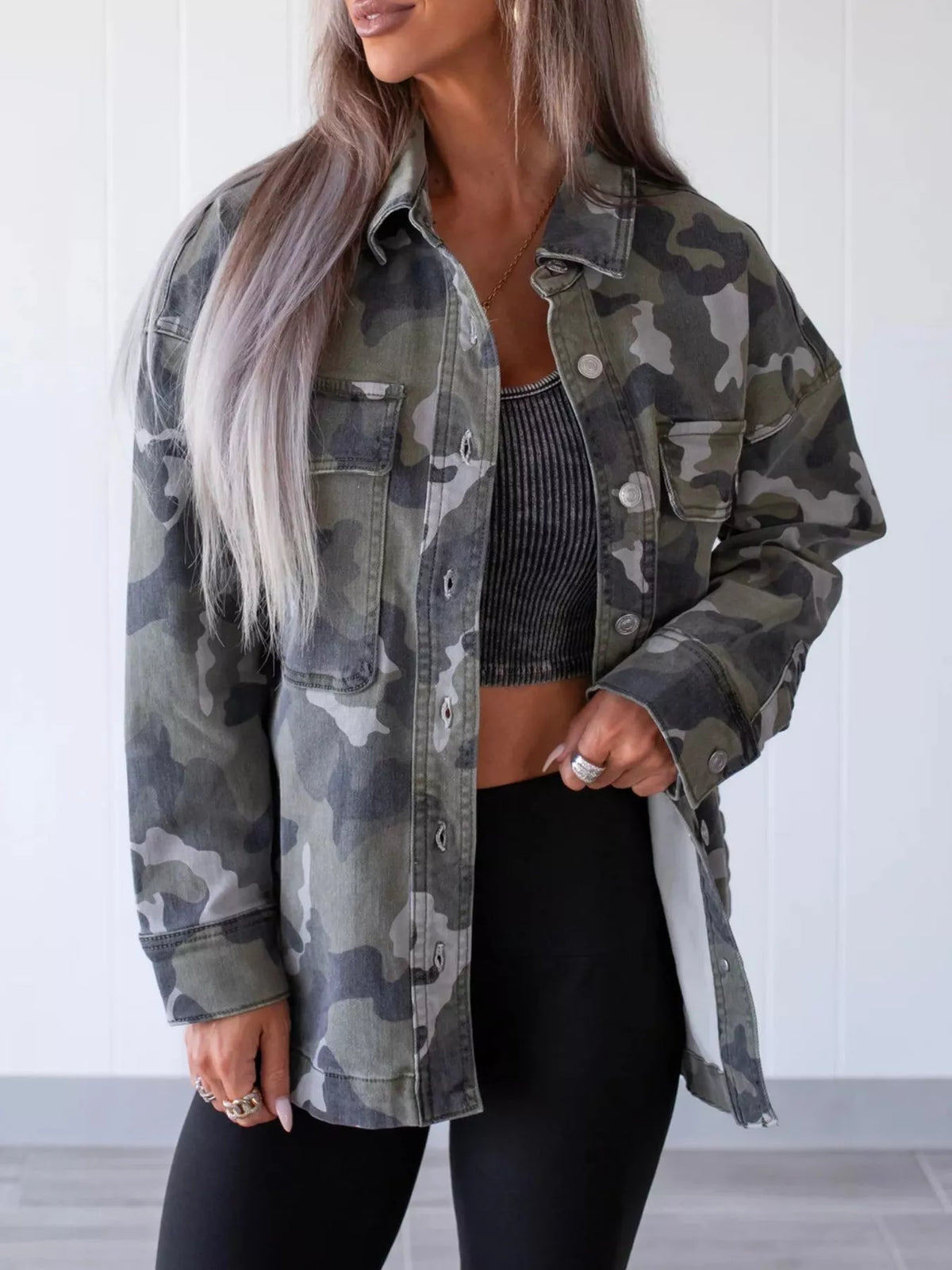 Oversized Camouflage Denim Jacket in Olive Green