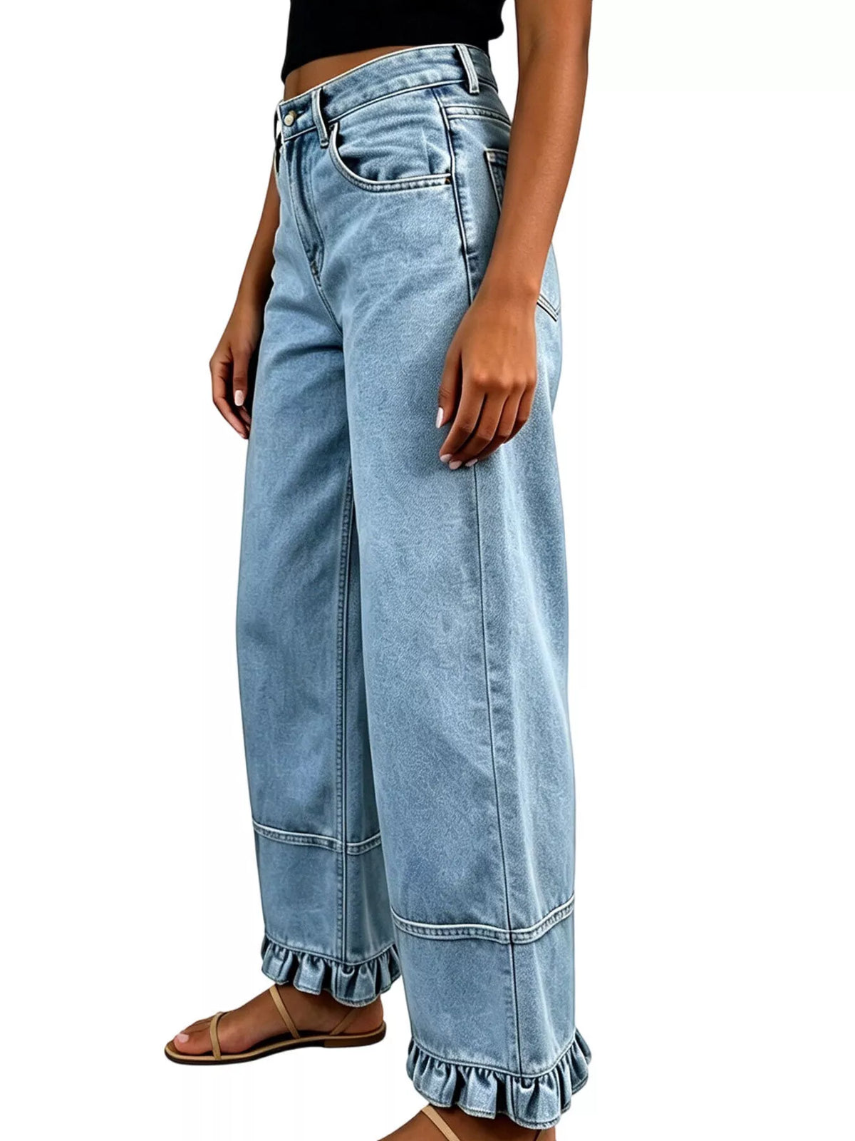 High-Waisted Wide-Leg Ruffled Hem Jeans by Dreamy Drapes