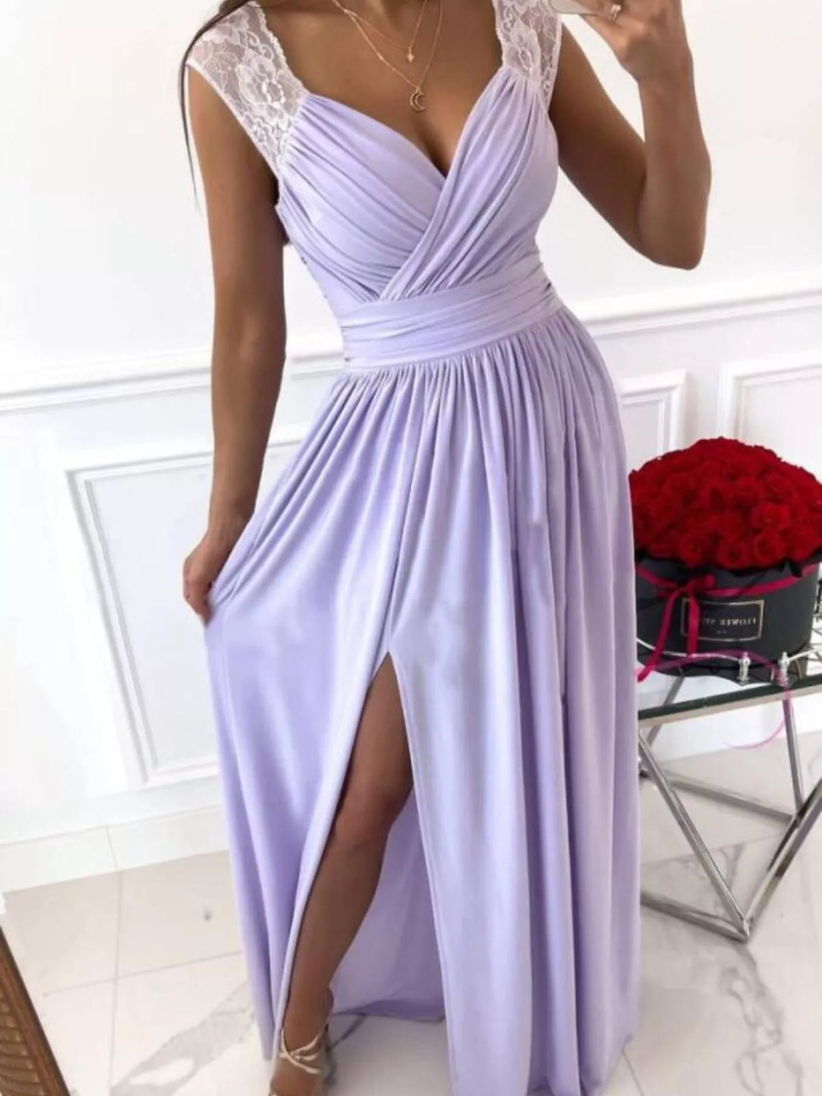 Lace Detail High Slit Maxi Dress