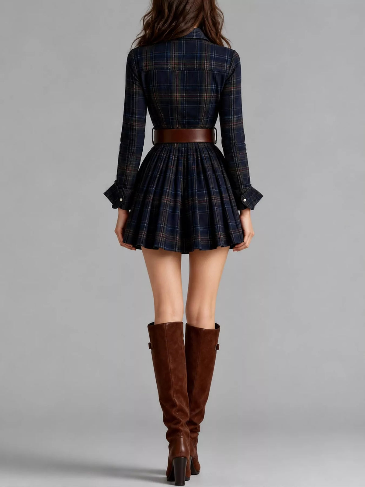 Plaid Long-Sleeve Shirt Dress with Belt