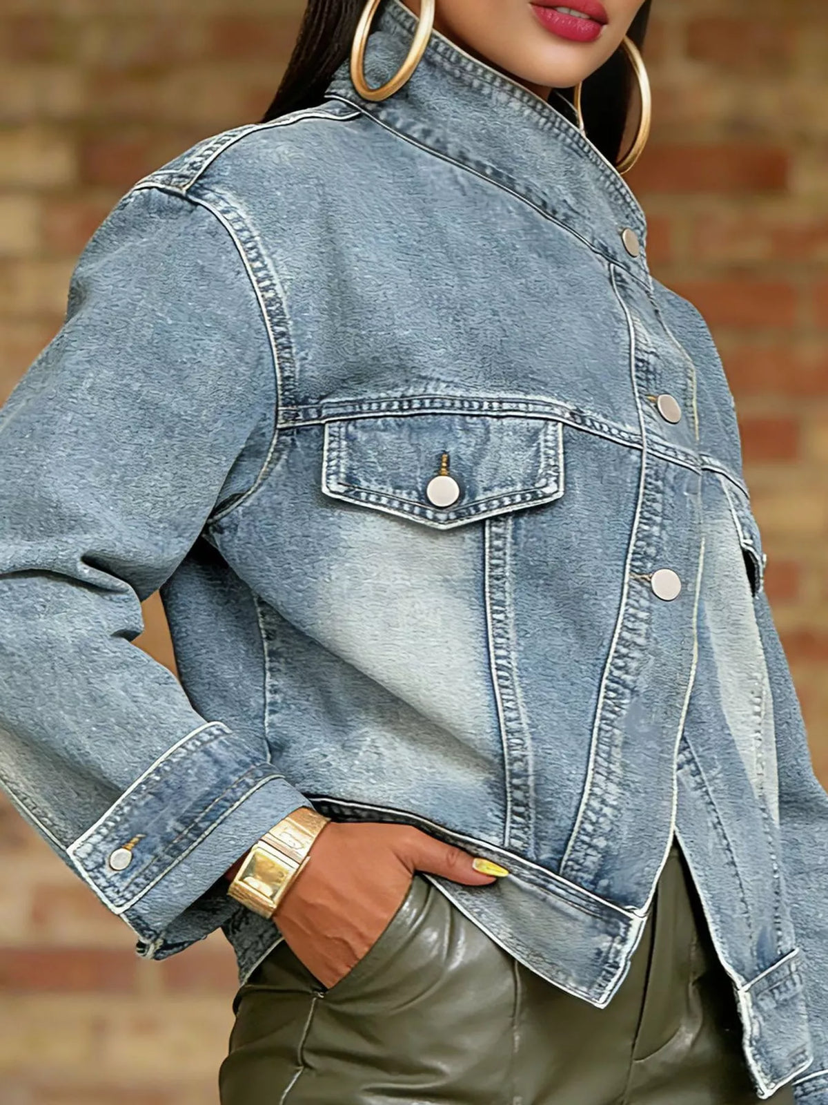Asymmetric Button-Up Denim Jacket in Light Blue