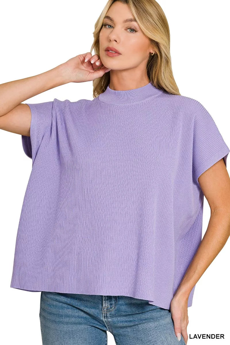 Zenana Mock Neck Boxy Sweater in Lavender