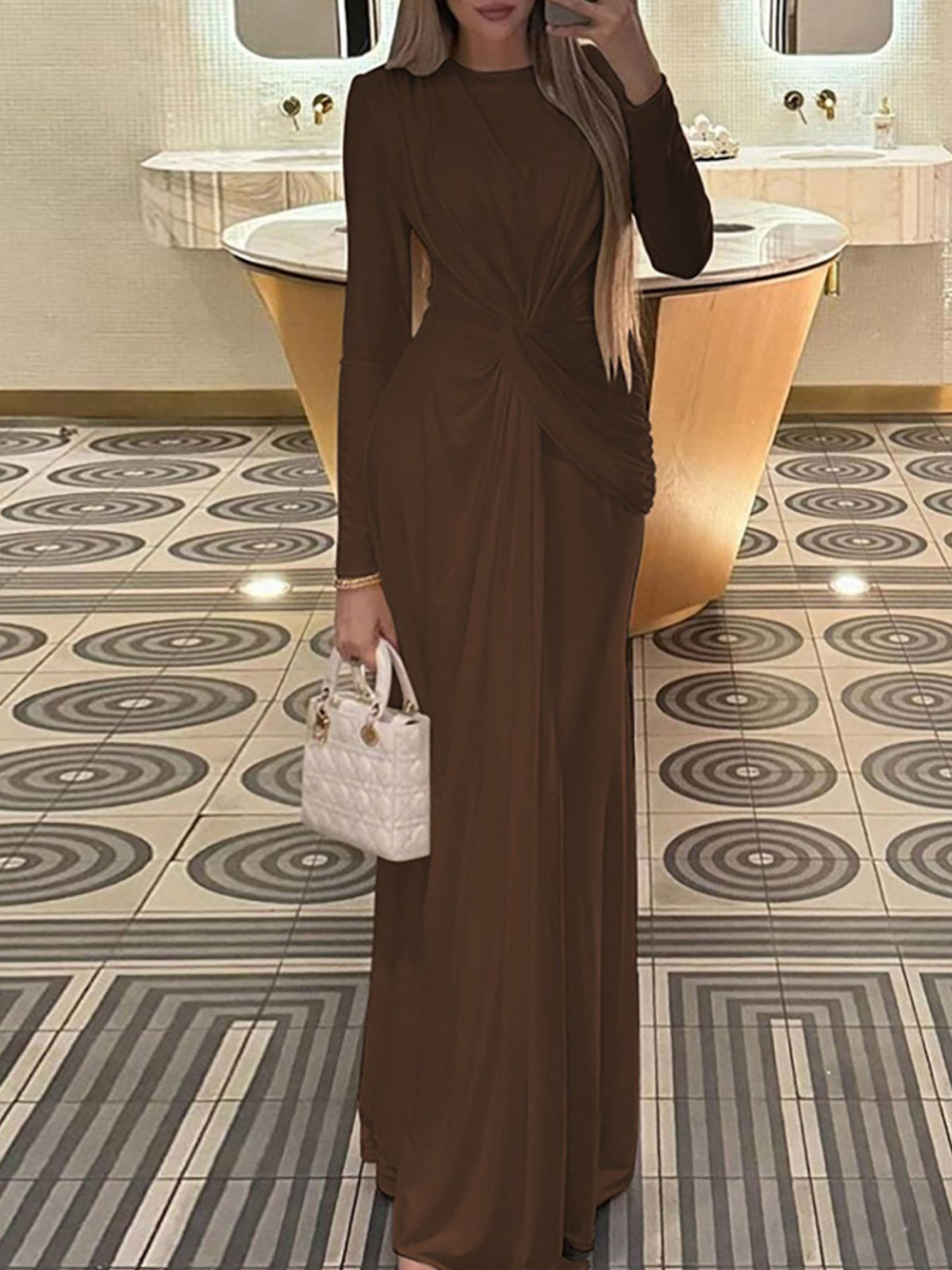 Ruched Knot-Front Long Sleeve Maxi Dress